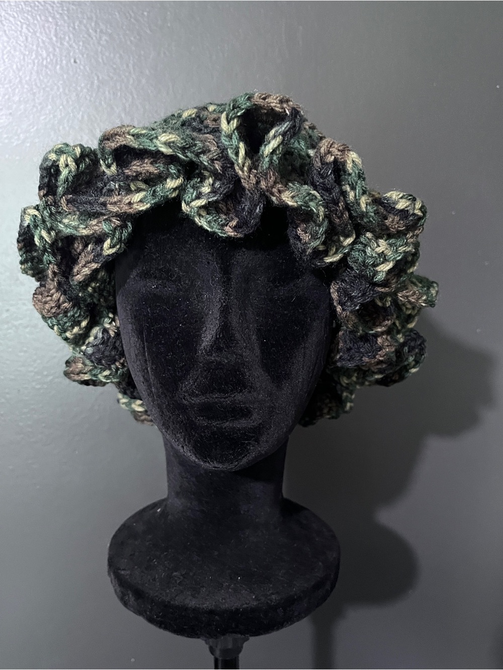 Handmade Crocheted Ruffle Hat  in camo